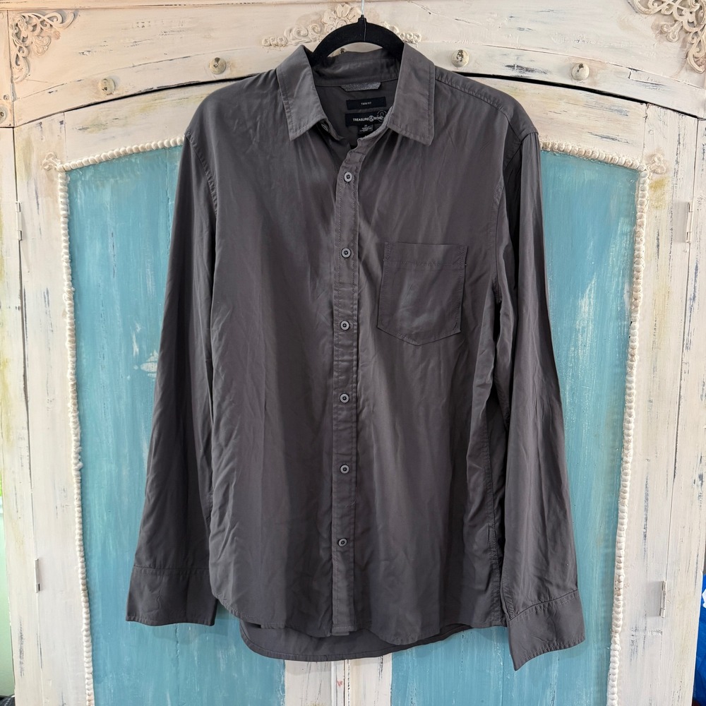 Treasure & Bond Mens Trim Fit Button Up Shirt Gray Rayon Long‎ Sleeve XX7502 M
